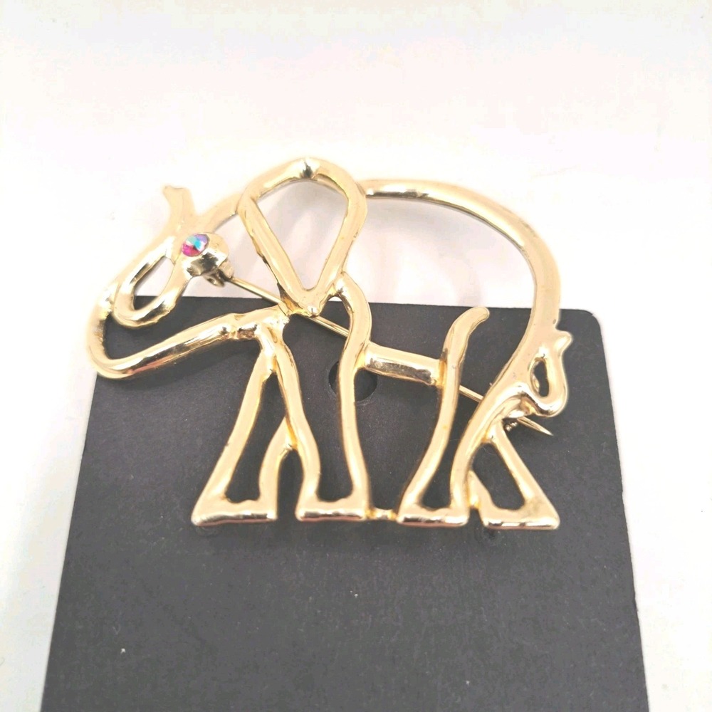 Vintage Sears Wire Elephant Pin / Brooch Gold Tone Red Eye